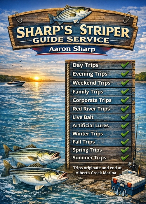 Sharp’s Striper Guide Service infographic showing Lake Texoma fishing trips, seasonal trips, live bait, artificial lures, and Red River trips launching from Alberta Creek Marina.