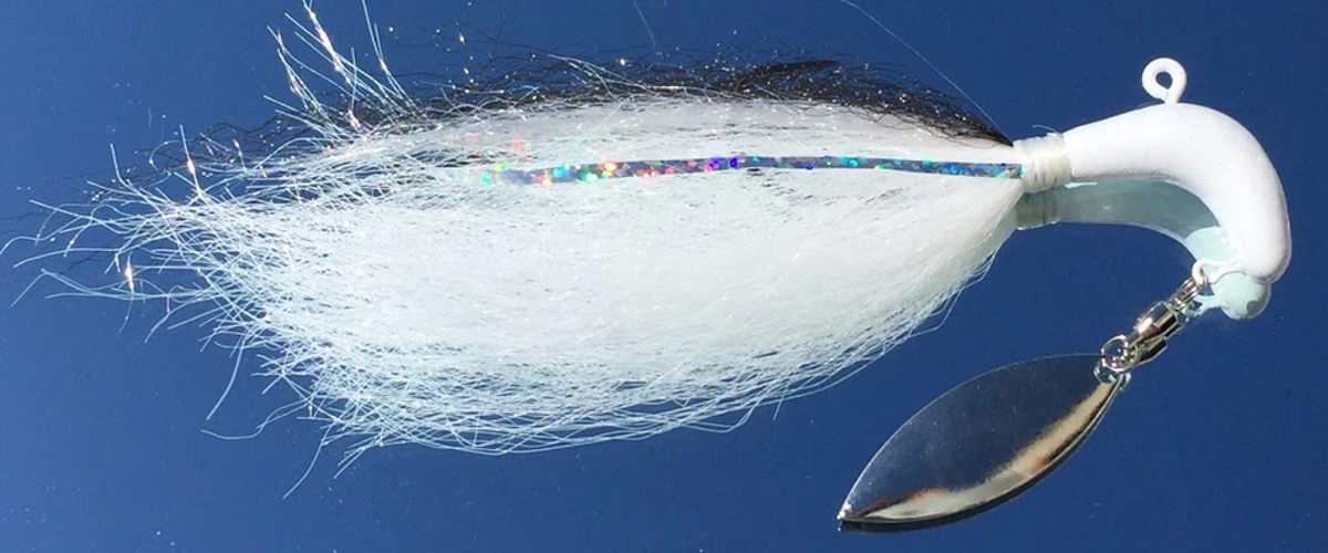 Horse head underspin bucktail jig for Lake Texoma striped bass with spinner blade and soft plastic trailer