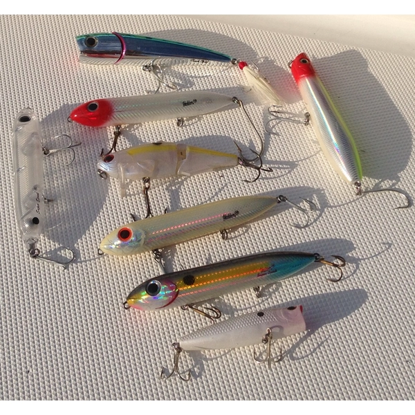 Topwater plugs for Lake Texoma stripers with pencil poppers, glide baits, and chuggers in shad colors