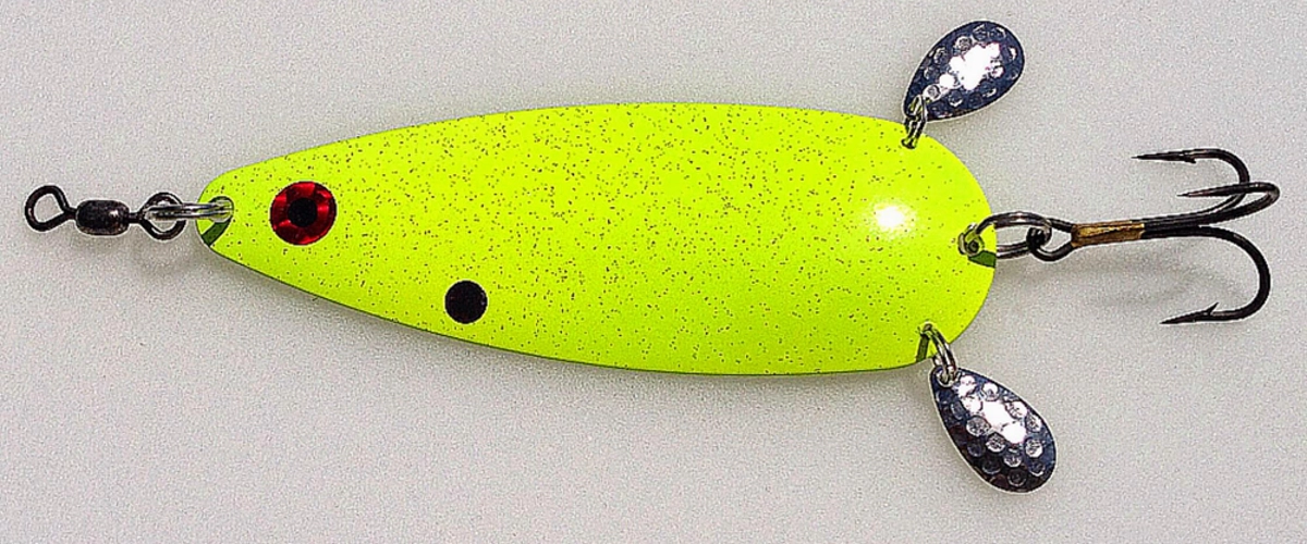 Chartreuse flutter spoon for Lake Texoma striped bass with treble hook and spinner blades