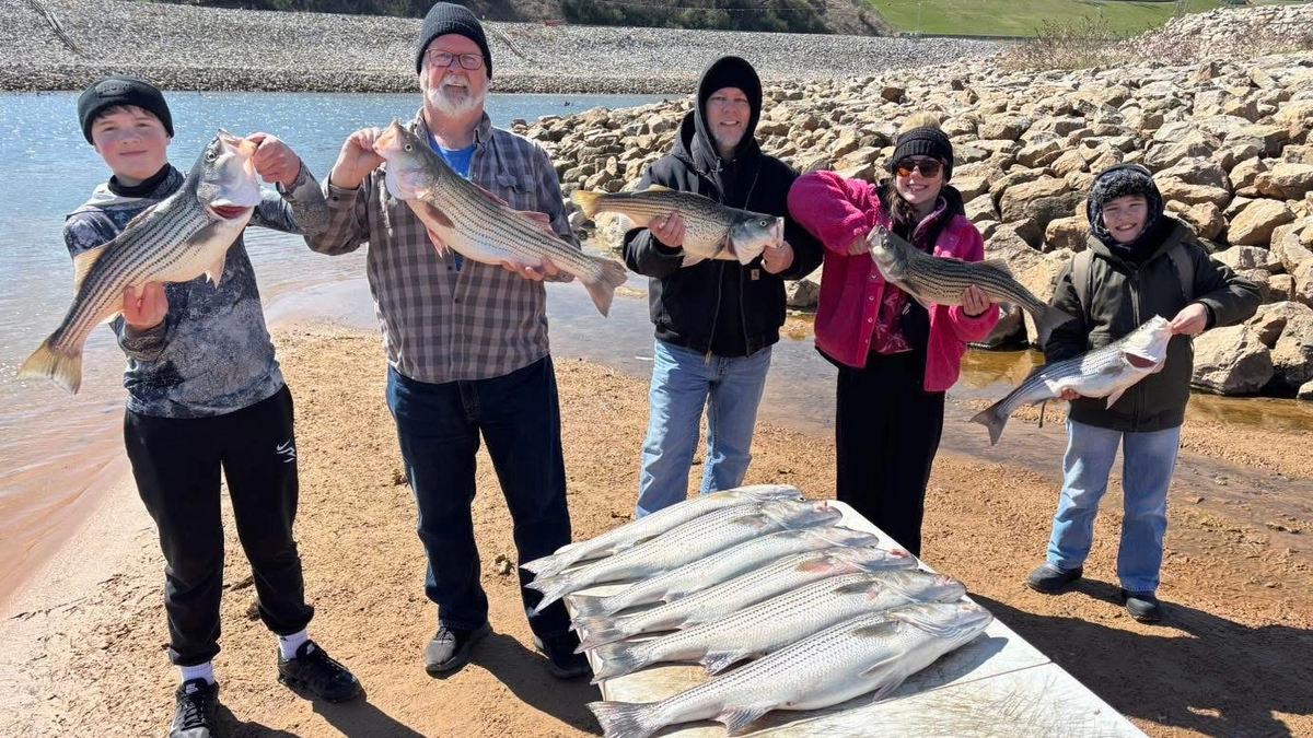 Lake Texoma striper fishing trip success with anglers holding striped bass catch