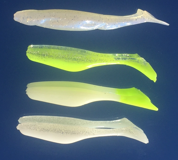 4-inch Banana swimbaits for Lake Texoma striped bass fishing in pearl white, chartreuse shad, and silver shad colors