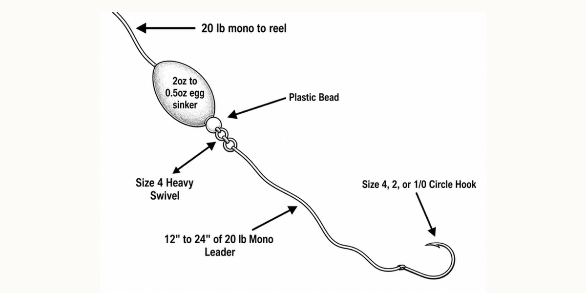 Lake Texoma live bait rig diagram showing egg sinker, swivel, monofilament leader, and circle hook for striped bass fishing.